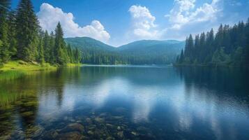 Still lake reflects green trees and blue sky. Clear water shows stones at the bottom. Forested hills in the distance under white clouds. photo