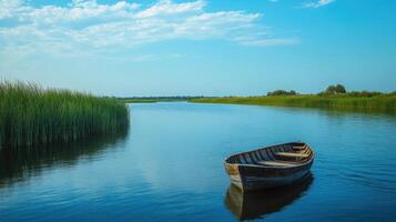 Small boat floats on calm blue river water. Tall green reeds line riverbank under bright sky with light clouds. Peaceful rural scene. photo