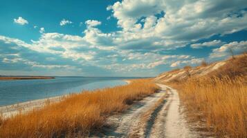 Sandy road curves toward water under blue sky with fluffy clouds. Dry grass covers the dunes near the path and water. photo