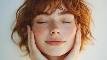 Young woman with red hair and freckles gently touching her face. Eyes are closed. Light background. Peaceful expression. Close up. Studio shot. photo