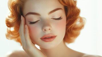 Woman with red hair and freckles. She is posing with her eyes closed and her hand is touching her face near the eye. photo