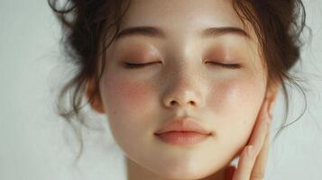 Close up of face with eyes closed. Soft skin and light makeup. Hand resting on cheek against white background. Relaxed peaceful expression. photo