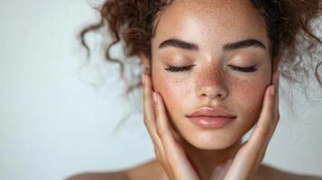 Woman with freckles closes eyes. She touches her face gently with both hands. Peaceful expression against simple neutral background. photo