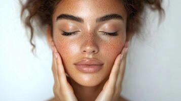 Woman with freckles closes eyes. She touches her face gently with both hands. Light skin with natural makeup on a plain background. photo