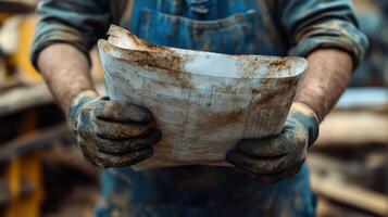 Worker holds dirty blueprint plans. Person in overalls and gloves examines document with construction schematics. Blurred construction site in background. Close up on hands. photo