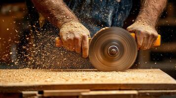 Carpenter using power saw cutting wooden board in workshop with sawdust flying around. Close up of man hands and circular saw. photo