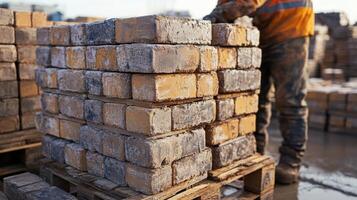 Stacked paving stones on a wooden pallet at an outdoor construction site ready for installation by a worker with safety vest. photo