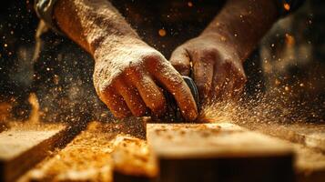Close up of hands using a hand planer on wood. Dust particles fly in the air. Warm light and dark background. photo