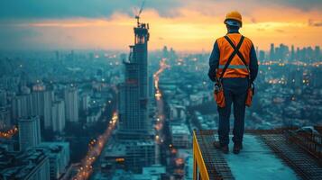 Construction worker stands on rooftop. City skyline background. High rise building under construction. Evening sky with orange light. Blue city lights below. photo