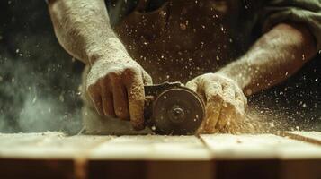 Hands using a power tool smoothing wood. Dust particles are flying in the air. Close up shot. Dark background with soft light. photo