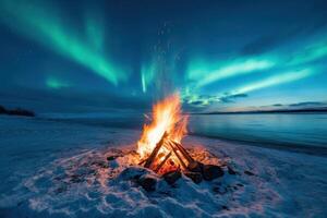 Campfire burns brightly on snow under a colorful aurora borealis sky near a body of water at night. photo
