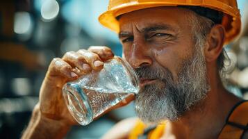 Construction worker drinking water. Man in hard hat takes a break. Worker is sweaty. Glass shows condensation. Refreshing cool drink on hot day. photo