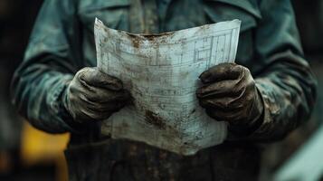 Dirty gloved hands hold a technical drawing. Plans and construction details are on the paper. The clothes are stained and worn. photo