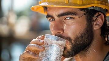 Construction worker wearing yellow hard hat drinking water from a plastic glass. Sweat on face. Blurred background of a construction site. photo