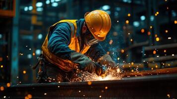 Worker welds metal beam with safety gear and sparks in factory. Construction employee uses industrial tools. Manufacturing process in a warehouse with protection. photo