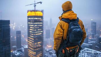 Person with backpack stands on rooftop looking at city skyline. Tall buildings with lights in cold misty weather. Urban exploration and travel adventure concept. photo