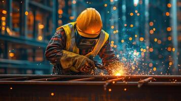 Welder in protective gear welding metal beams with sparks in industrial setting. Yellow helmet and gloves. Construction work and safety. photo