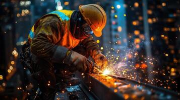Construction worker welding metal beam with sparks. Worker wears hard hat and gloves. City lights in background. Safety at work. Night work. photo