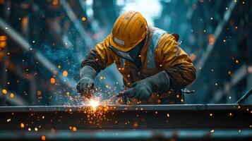 Worker welds metal beam. Person in helmet and gloves using welding tool. Sparks and smoke. Industrial work. Construction site background. photo