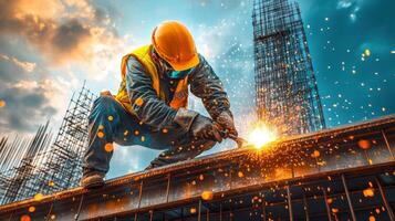 Construction worker welding steel beams high above ground. Bright sparks fly on building site with clouds and unfinished skyscraper background. photo