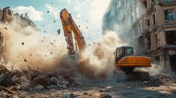 Excavator demolishes old structure. Dust and rubble fly in construction zone. Building demolition with heavy equipment. Cityscape background with dramatic sky. photo