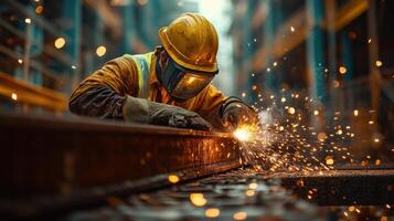 Welder with protective gear welding metal beam. Bright sparks fly in a factory environment. Construction and metalwork. Skilled worker crafting with safety. photo