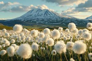 Field of white flowers with snowy mountain in the distance. Green grass and blue sky with soft white clouds. Peaceful rural scene. photo