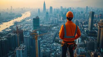 Construction worker looks over city skyline from a high rise building under construction, wearing safety gear and orange work uniform, hazy sunlight. photo