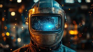 Protective metal helmet with bright sparks reflecting off the visor. Warm yellow lights bokeh in a dark workshop background with flying sparks. photo