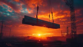 Crane lifting metal material on construction site. Sunrise with vibrant sky. Infrastructure project with heavy machinery at work in the morning. photo