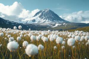 Cottongrass plants cover field. Snowy mountain rises in background. Sky is blue with white clouds. Green grass shows between white fluffy seed heads. photo