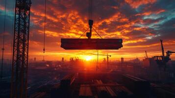 Crane lifts materials over city construction site. A fiery sunset sky glows orange and yellow behind buildings. Steel framework shows ongoing development. photo