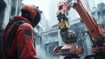 Red suited figure observes a mechanical arm excavating in a destroyed city. Buildings stand amidst rubble. Dystopian future construction in a war torn environment. photo