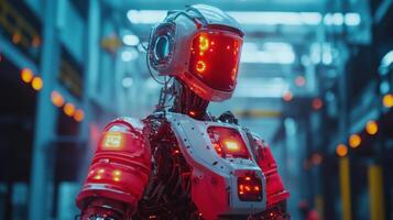 Shiny metallic robot stands upright. Red lights glow on face and chest. Futuristic design in a blue lighted factory setting. photo