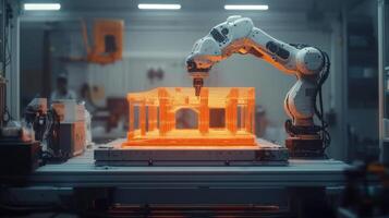 Robotic arm working on orange model in factory. Machine precisely creating architectural shape. Automated industrial process in bright modern environment. photo