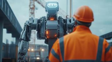 Robot looks at worker. Industrial setting shows construction. Bright orange safety gear stands out. Crane visible in background. Future with automation photo