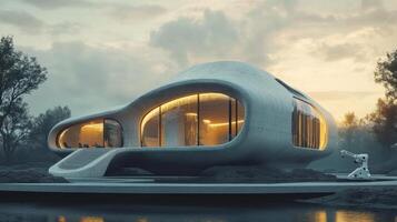 Futuristic home design. Modern architecture. Robotic arm near building. Concrete structure. Large windows with interior lights. Cloudy sky. Serene water. Trees background. photo