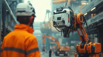 Worker wearing safety equipment looks at robotic arm in a factory. Heavy machinery and industrial setting. Focus on the robot and distant figure. photo