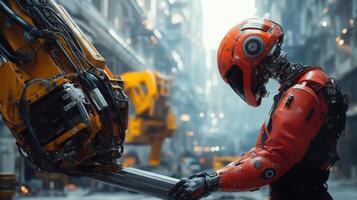 Red robot holds metal bar. Yellow machine arm extends. Urban setting with blurred background. Futuristic concept of mechanical work. photo