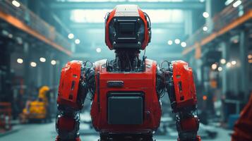 Red robotic figure standing in large factory. Wires visible. Lights hang from ceiling. Machinery in blurred background. Metal construction. Industrial setting. photo