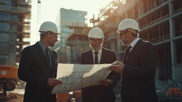 Construction engineers review blueprint. Men wear hard hats and suits on construction site. Building under construction in background. Golden sunlight shines above photo