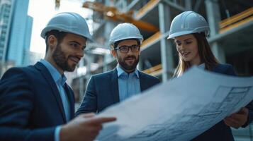 Three engineers in white helmets review blueprint plans on a construction site with new building in the background during daytime photo