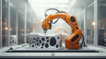 Orange robotic arm carefully works on a gray porous object in a clean modern industrial setting. Precision manufacturing with automated machinery photo
