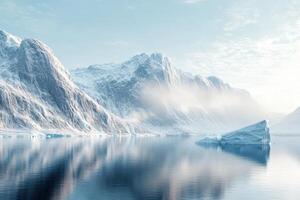 Snow covered mountains reflect in calm water. Iceberg floats in the arctic lake. Winter scene with fog rolling over the landscape. photo