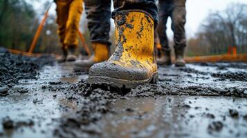 Yellow rubber boots stand in wet mud. Construction workers walking at a work site. Ground level view of muddy water and footwear. photo