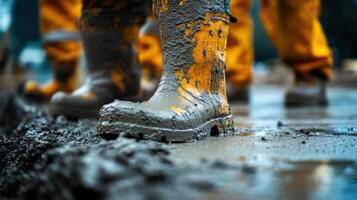 Yellow boots covered in wet mud stand on a flat surface. Other pairs of boots walk in the background. Mud covers the ground. photo