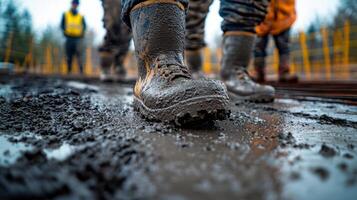 Muddy boots walking in thick mud outdoors. Low angle view of dirty footwear on construction site. Ground level perspective of work environment. photo