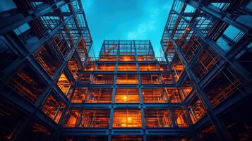 Metal framework building against blue sky. Structural steel construction. Building under construction with orange glowing interior. Low angle view of structure. photo