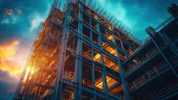 Steel frame of a tall building under construction. Evening light sky with clouds. Structural engineering industry, modern architecture in urban setting. photo