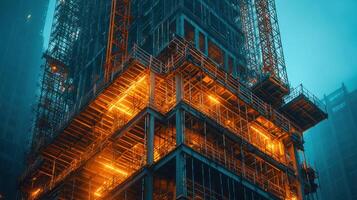 Building under construction. Steel framework, scaffolding, and orange light stand out against a dark blue sky. Future urban development project. photo